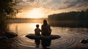 mother and son looking at a sunset