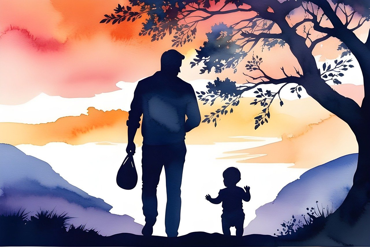 a drawing of a father and son leaving